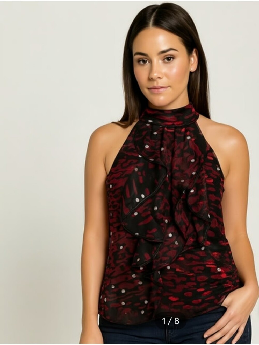 B Wear Byer California Women’s Red Patterned Halter Neck Ruffled Sleeveless Top